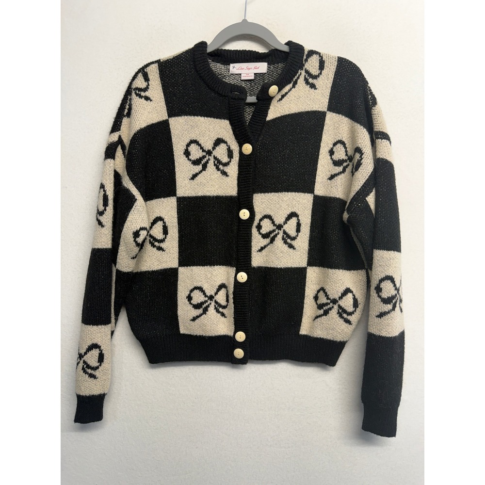 Lisa Says Gah Black and White Checkered Cardigan with Bow Design xs/s - Picture 5 of 12